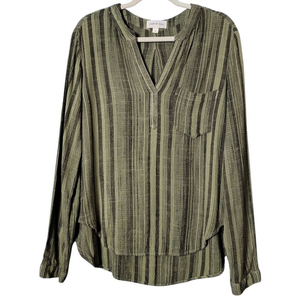Cloth & Stone Womens Green Black Striped Boho Gauzey Cotton Long Sleeve Top S